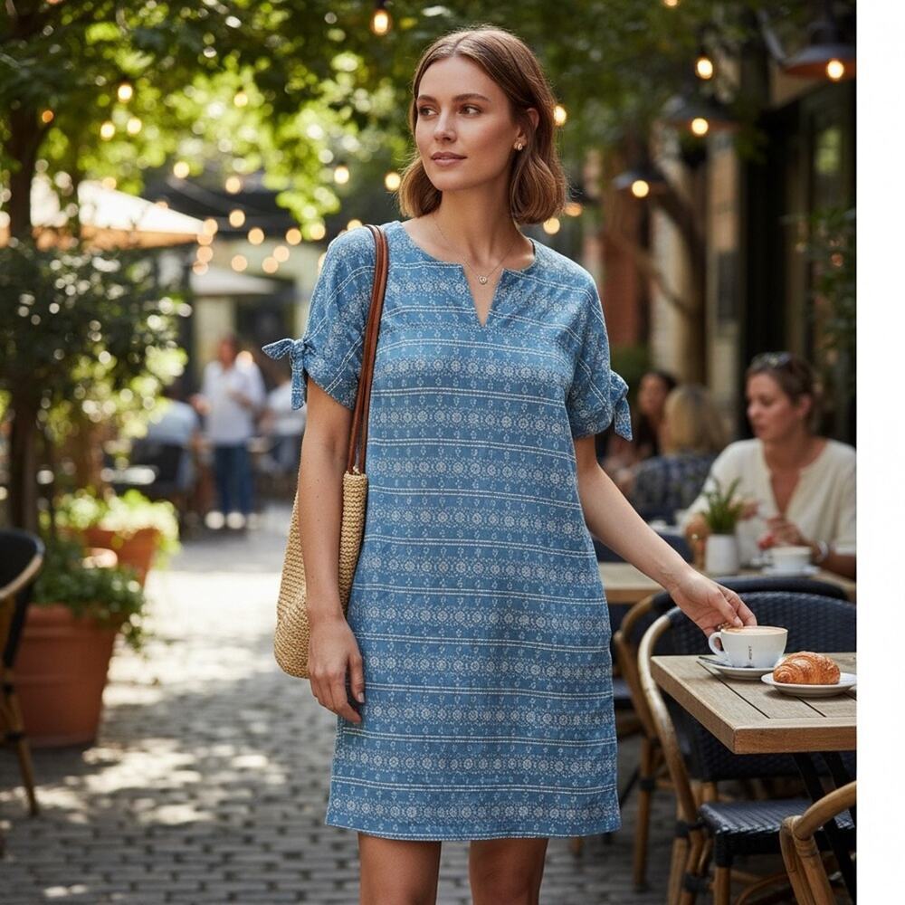 Madewell Blue White Embroidered Tie Sleeve Shift Dress